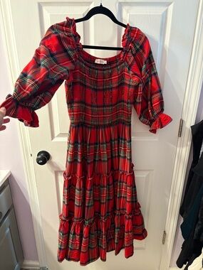 Ivy City Co Red Plaid Midi Dress with Puff Sleeves